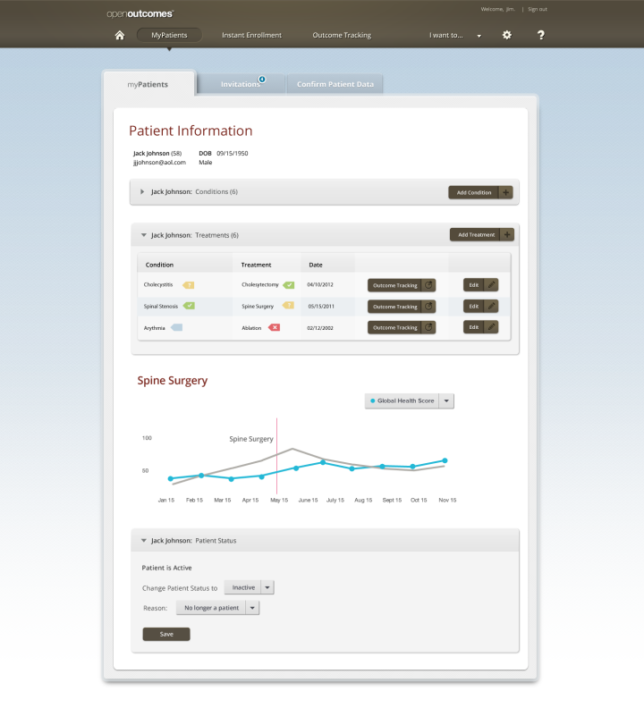 Open Outcomes > Clinician Screen > Patient Outcome Tracking